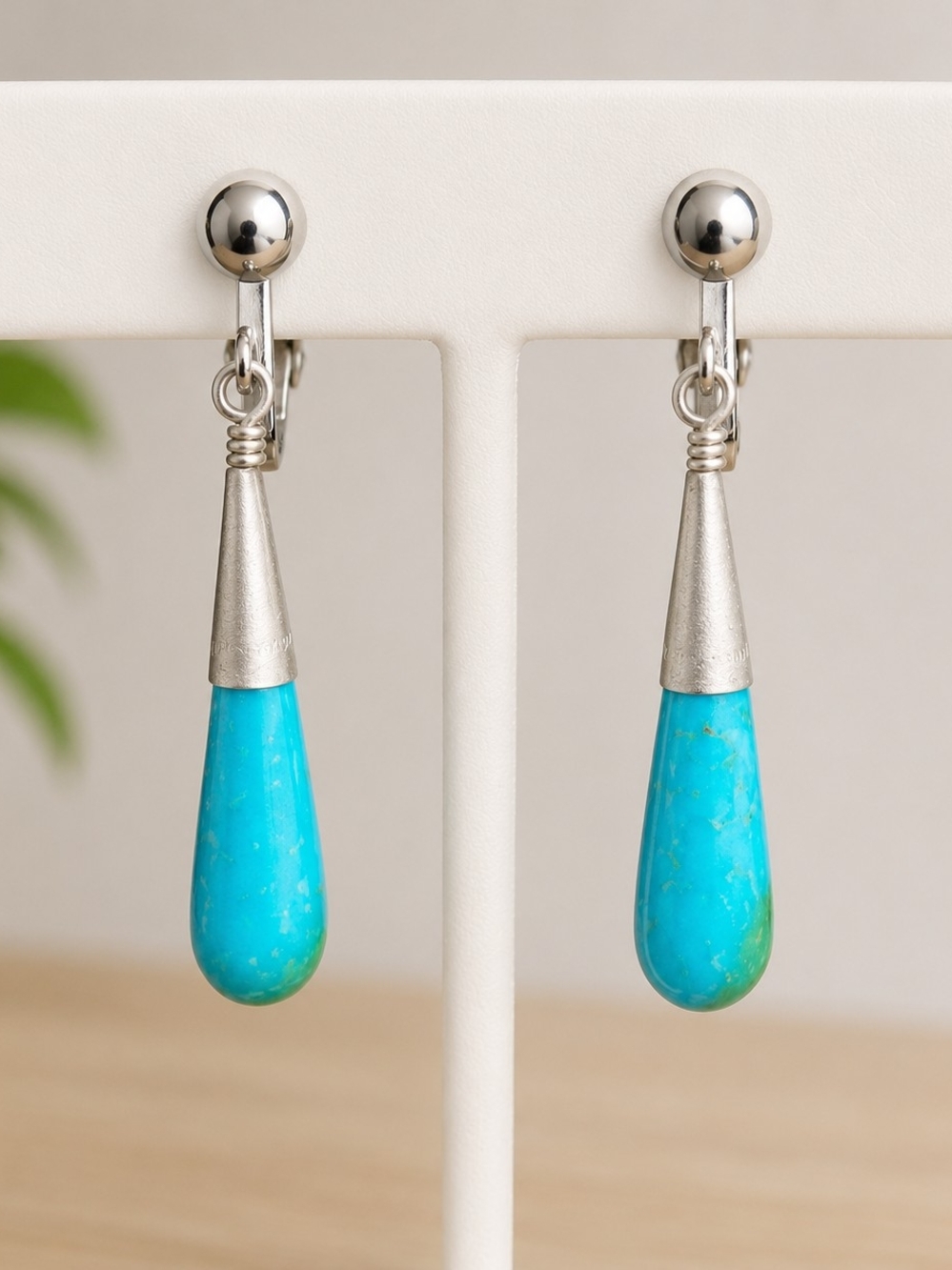 Vintage Genuine Turquoise Teardrop Earrings Southwestern Native Dangle Clip